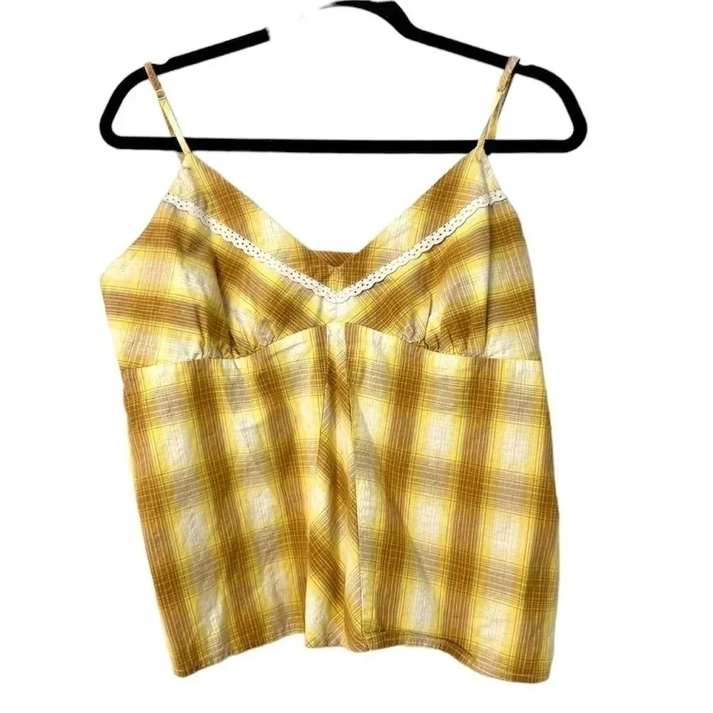 Roper Yellow Plaid Spaghetti Strap with Lace Detail Blouse Size Large